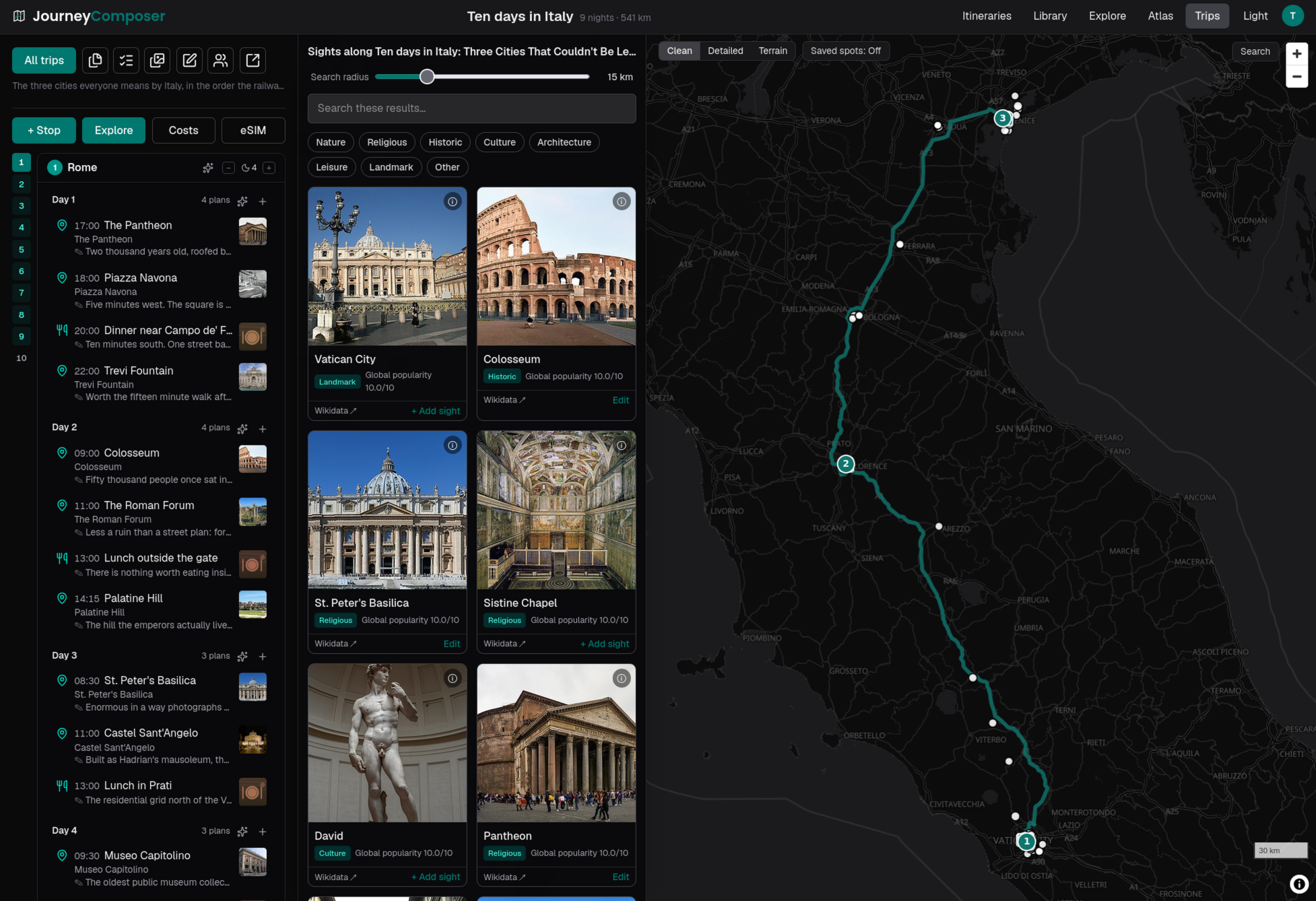 The JourneyComposer home page, with a planned route across the Alps.