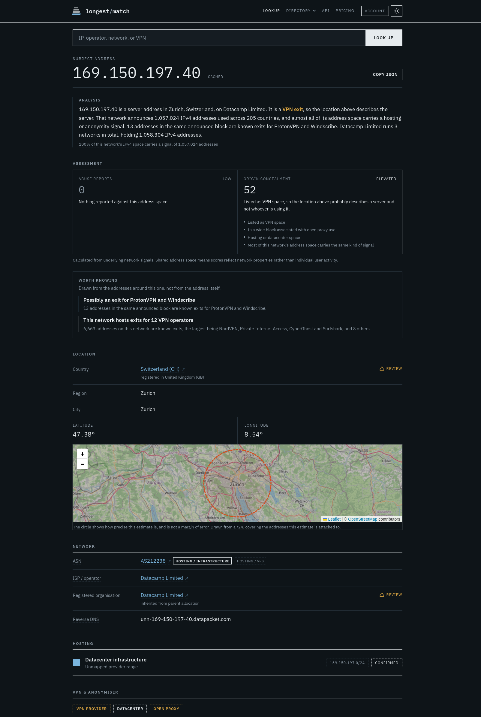 Longest Match showing its lookup result for 169.150.197.40: location, network and assessment.